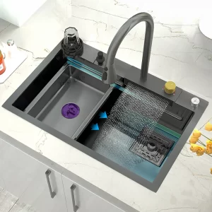 Kitchen Sink Stainless Steel Large Single Slot Multifunctional Tank Wash Basin With Waterfall Faucet Lowe Price